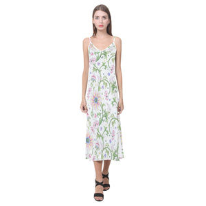 Beautiful pink lotus waterlily leaves pattern V-Neck Open Fork Long Dress