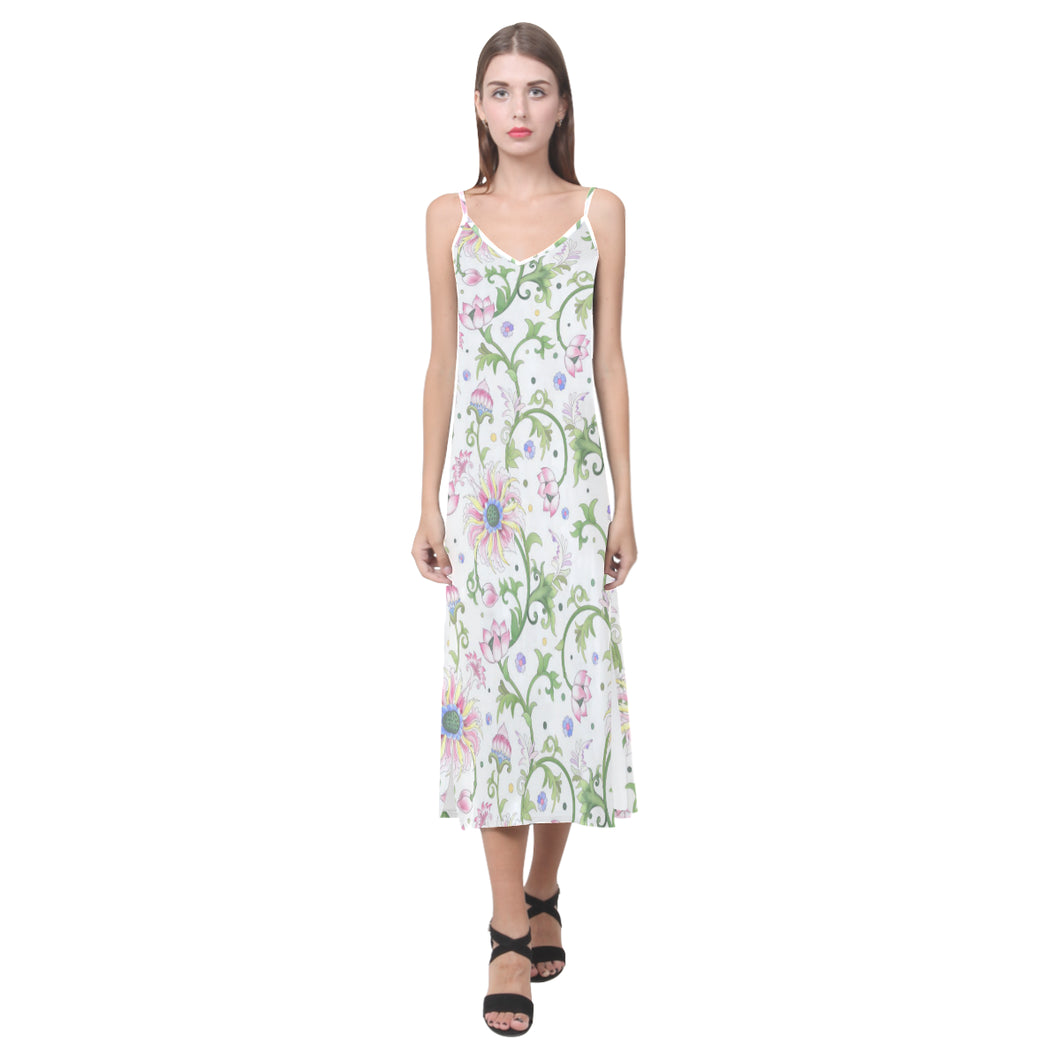 Beautiful pink lotus waterlily leaves pattern V-Neck Open Fork Long Dress