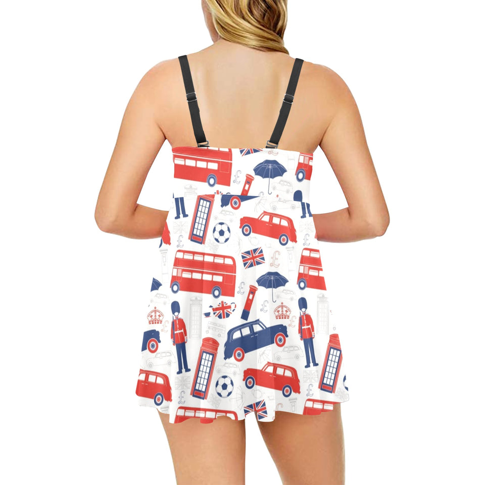 British Pattern Print Design 03 Chest Sexy Pleated Two Piece Swim Dress