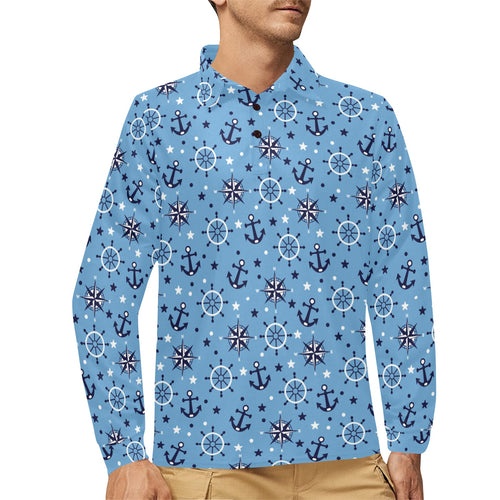 Anchors rudder compass star nautical pattern Men's Long Sleeve Polo Shirt