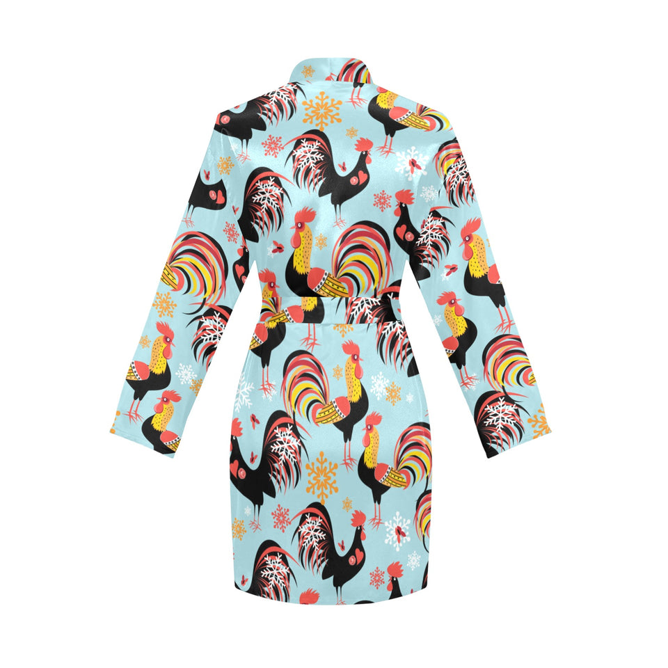 Rooster chicken cock snowfalke Women's Long Sleeve Belted Night Robe