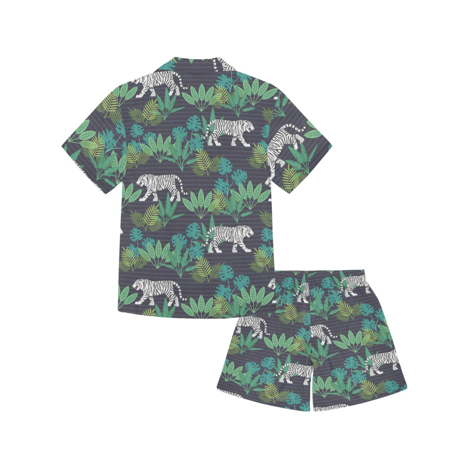white bengal tigers tropical plant Kids' Boys' Girls' V-Neck Short Pajama Set