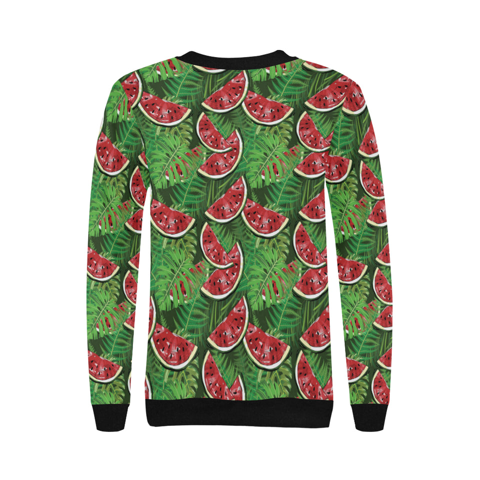 Watermelons tropical palm leaves pattern backgroun Women's Crew Neck Sweatshirt