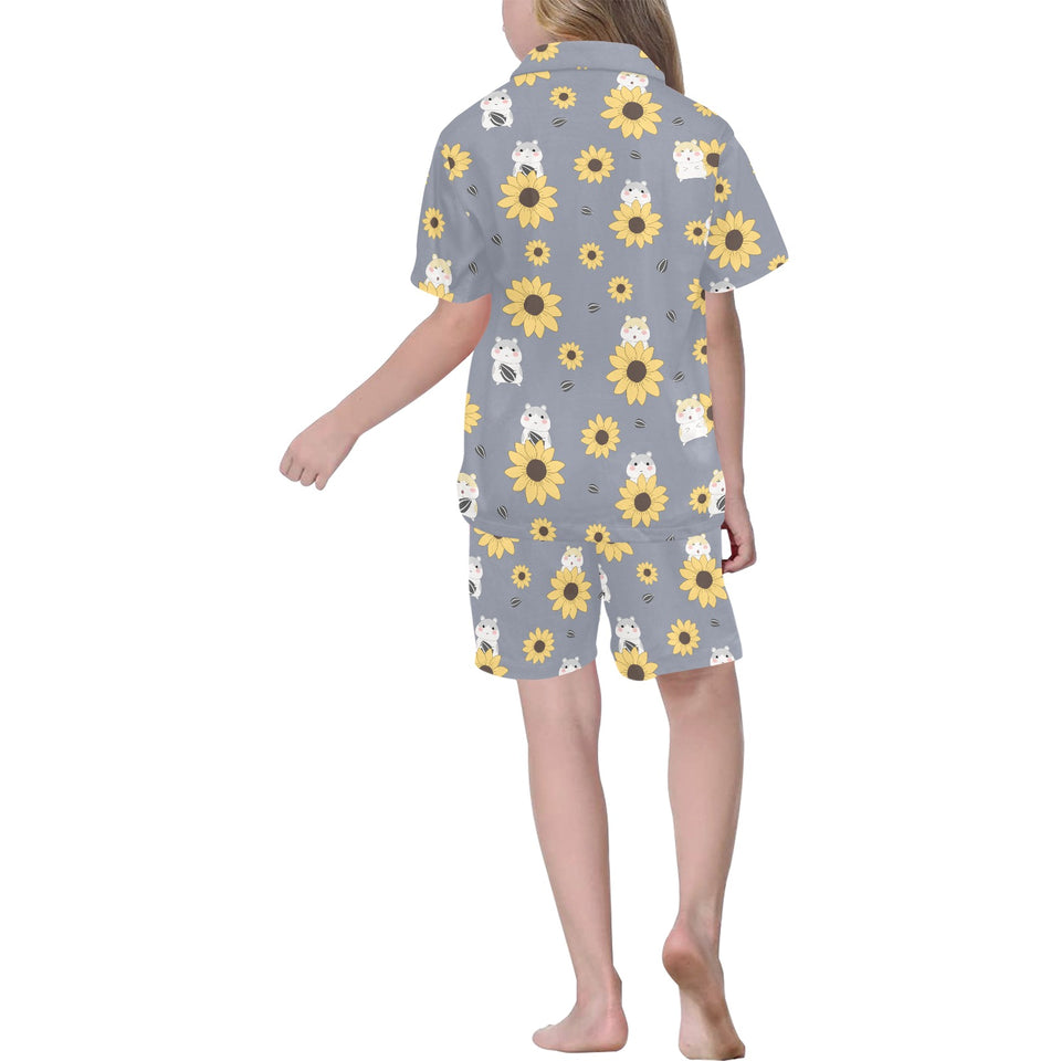 Cute hamster sunflower pattern background Kids' Boys' Girls' V-Neck Short Pajama Set