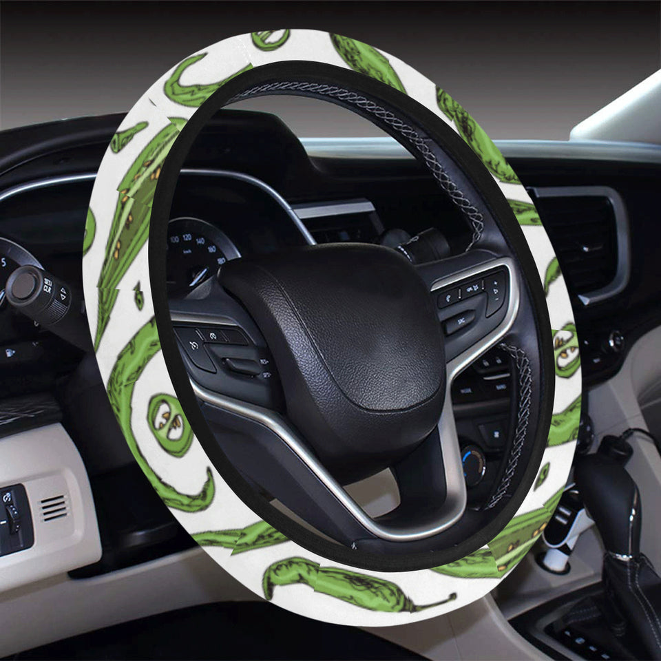 Hand drawn sketch style green Chili peppers patter Car Steering Wheel Cover