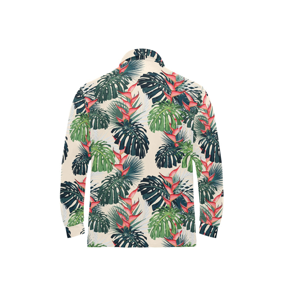 heliconia flowers, palm and monstera leaves Men's Long Sleeve Polo Shirt