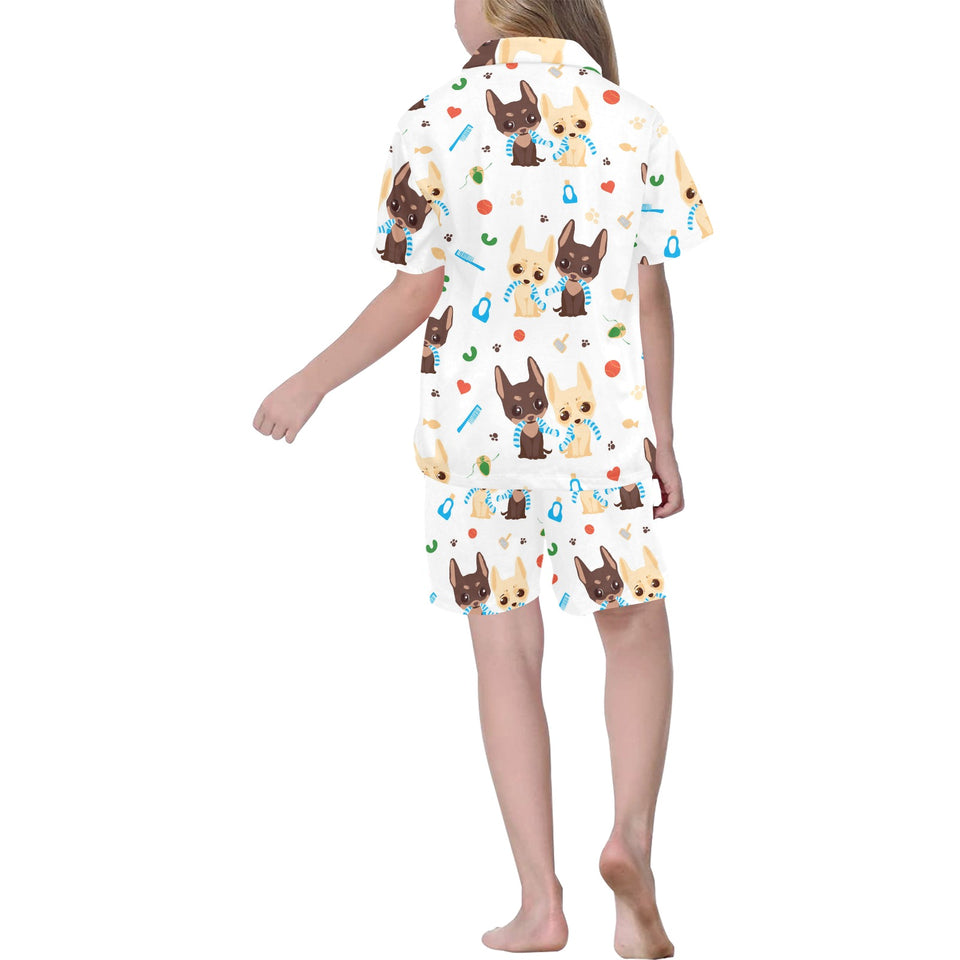 Cute Chihuahua dog pattern Kids' Boys' Girls' V-Neck Short Pajama Set