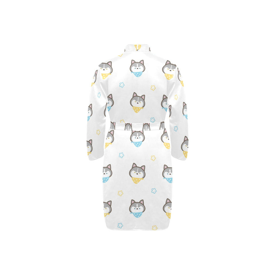 Cute Siberian Husky pattern Men's Long Sleeve Belted Night Robe