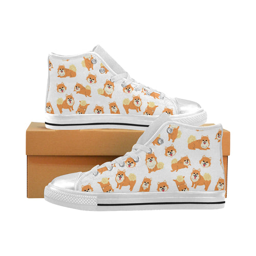 Brown pomeranian pattern Women's High Top Canvas Shoes White