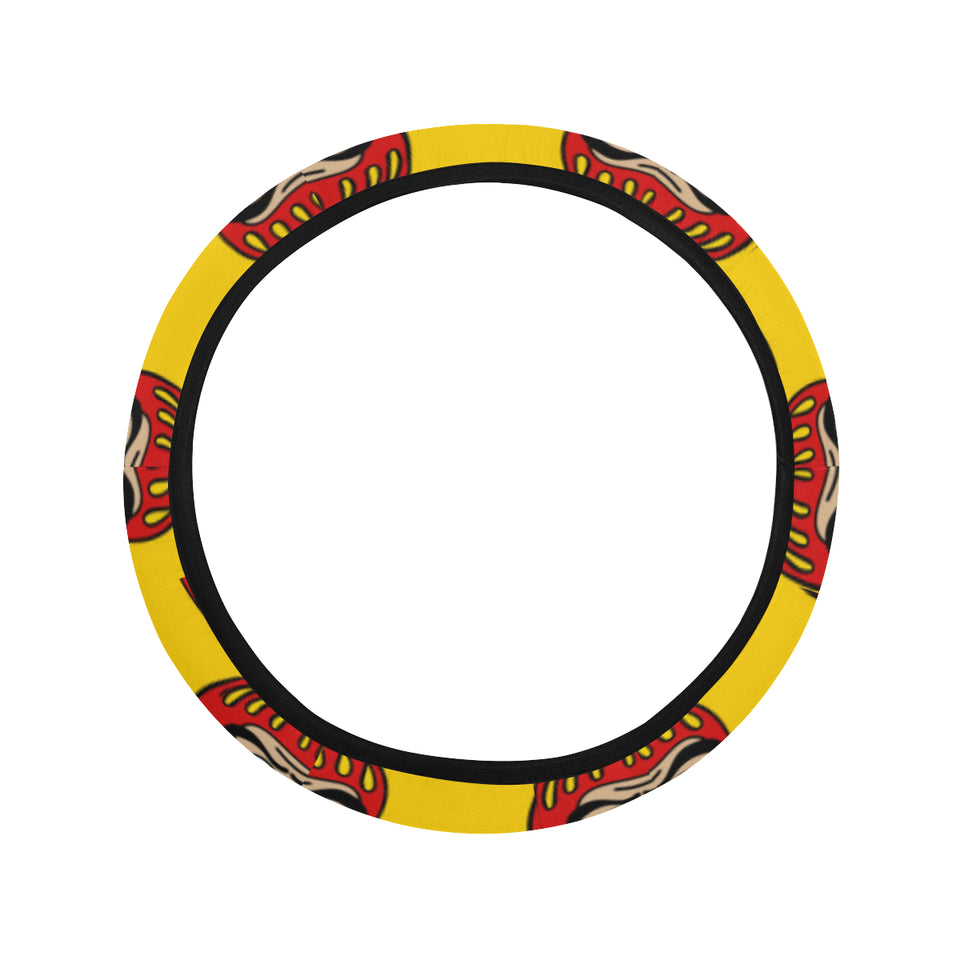 Daruma japanese wooden doll yellow background Car Steering Wheel Cover