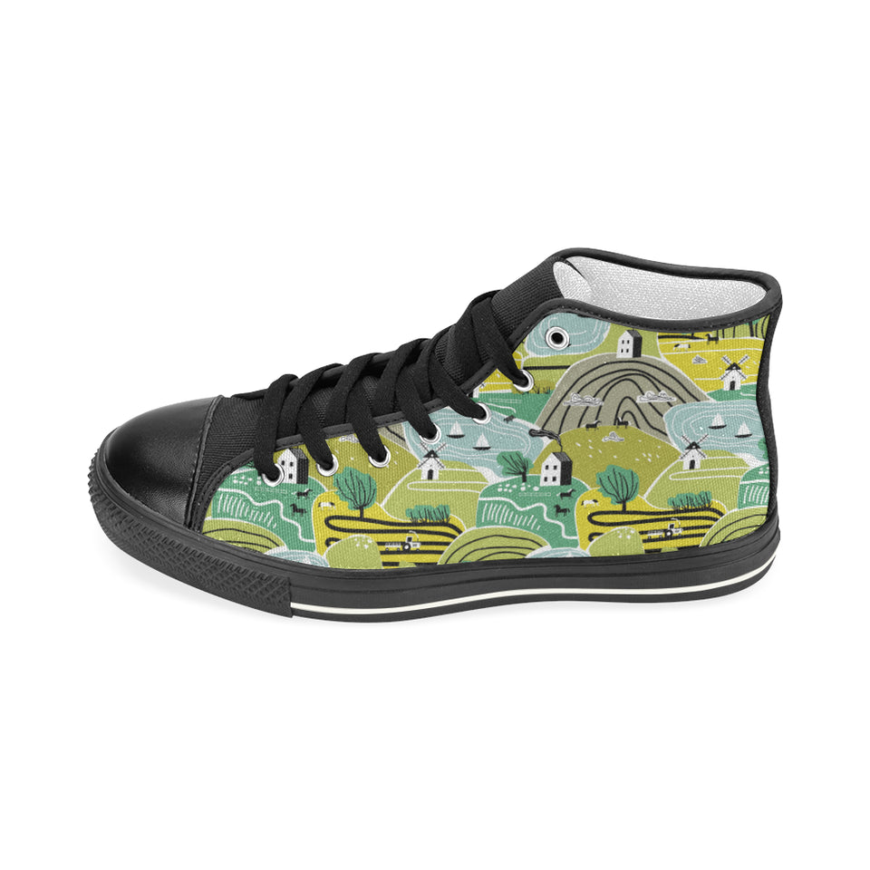 Hand drawn windmill pattern Women's High Top Canvas Shoes Black