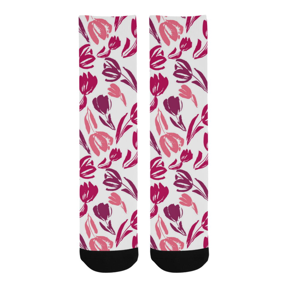 pink sketch tulip pattern Crew Socks