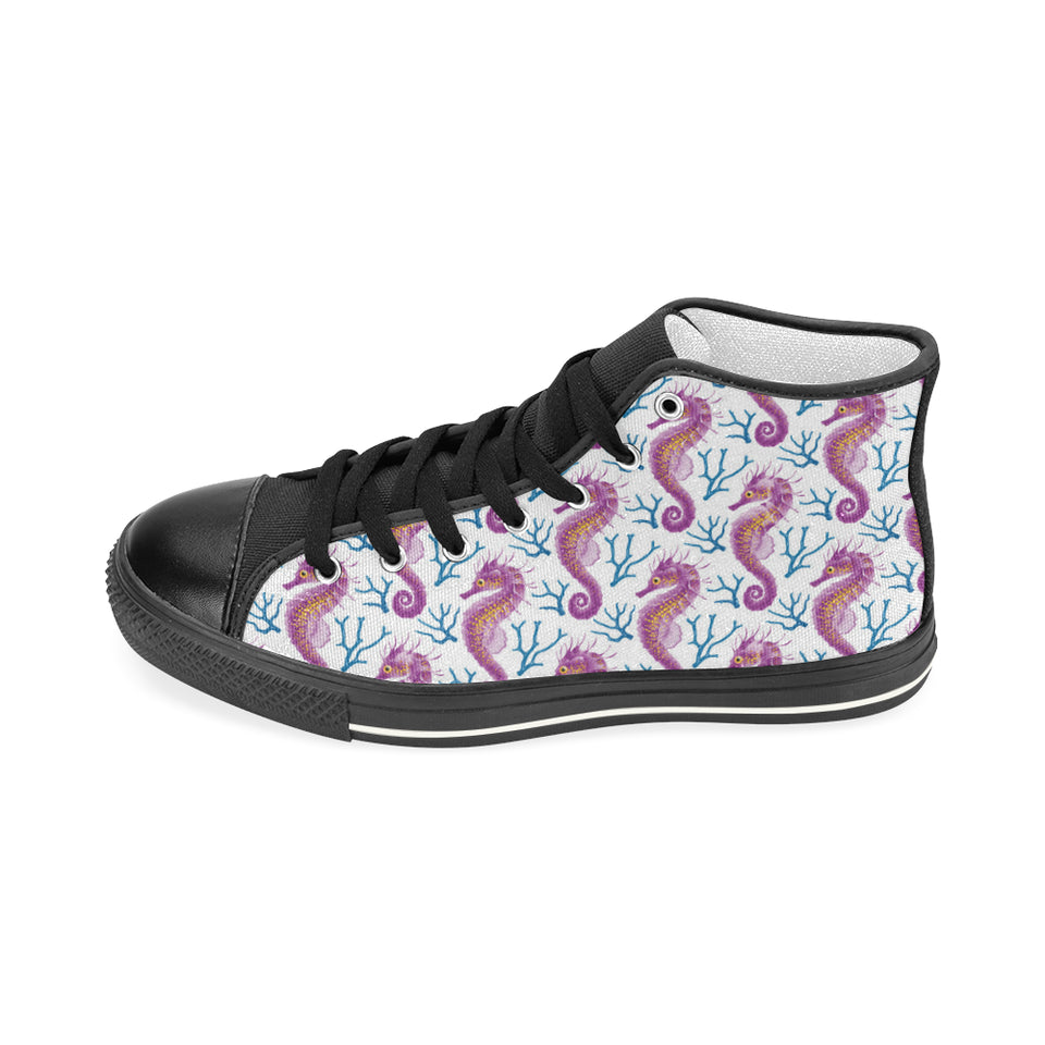 Purple seahorse blue coral pattern Women's High Top Canvas Shoes Black