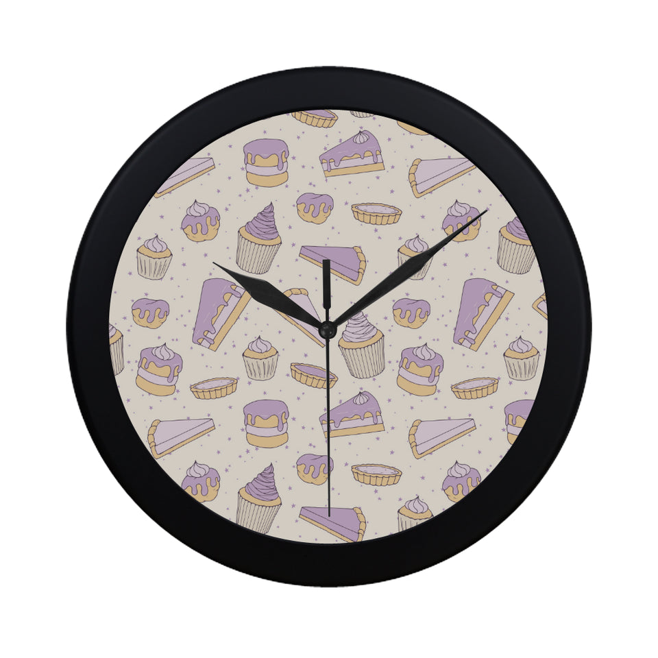 Cakes pies tarts muffins and eclairs purple bluebe Elegant Black Wall Clock