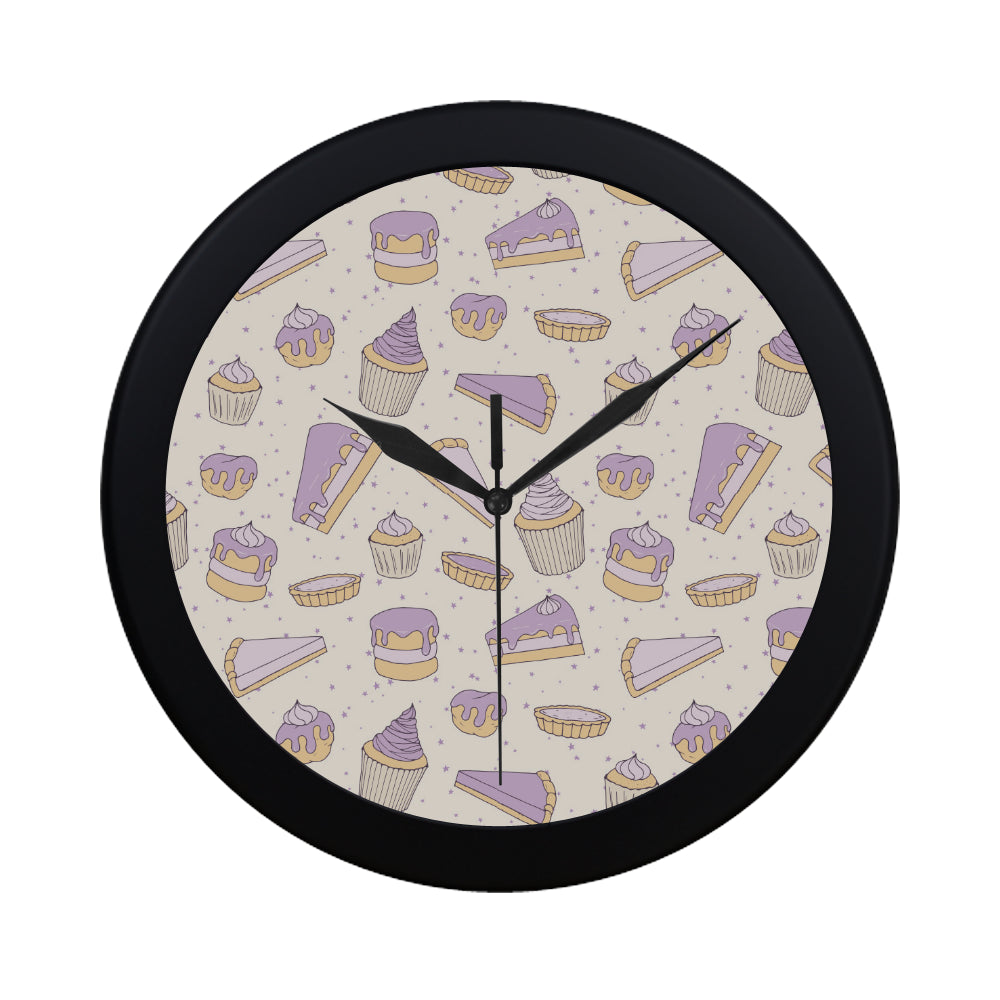 Cakes pies tarts muffins and eclairs purple bluebe Elegant Black Wall Clock