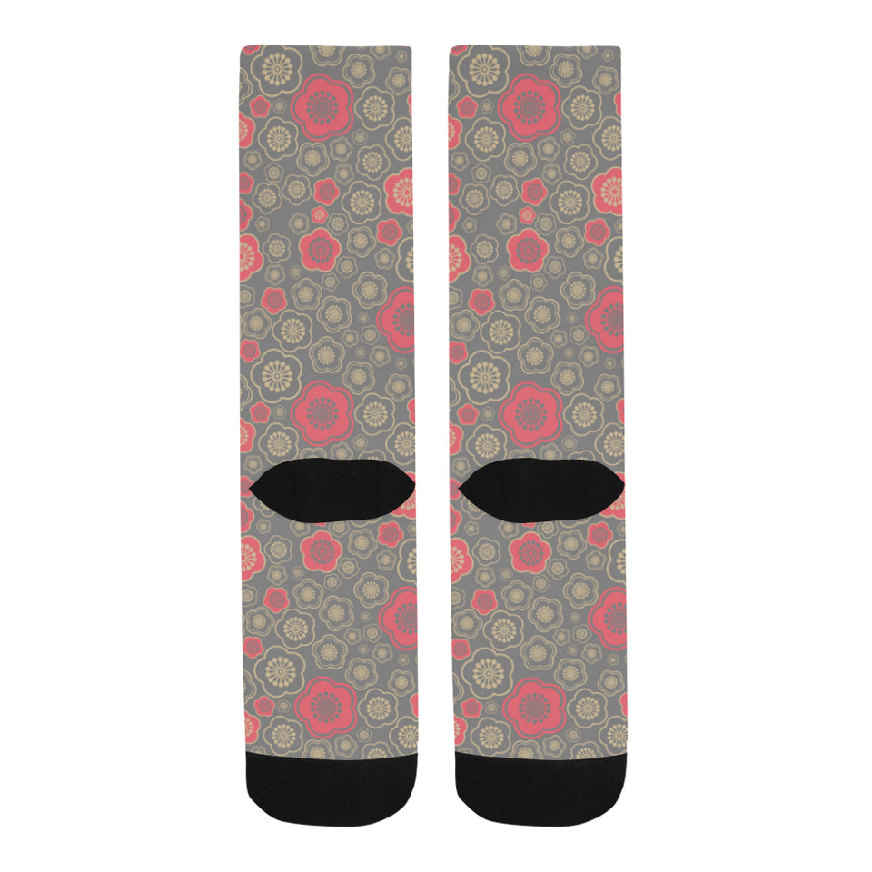 Red gold Sakura cherry blossom gray background Crew Socks