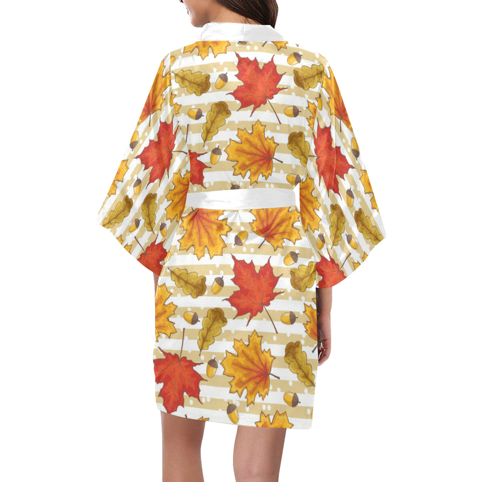 Maple leaf oak leaf acorns beige striped backgroun Women's Short Kimono Robe