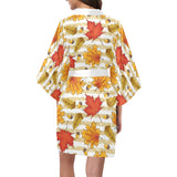 Maple leaf oak leaf acorns beige striped backgroun Women's Short Kimono Robe