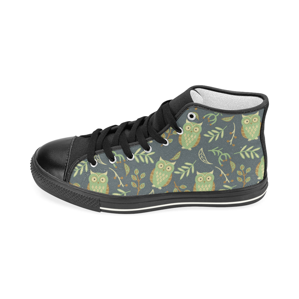 Cute owls leaves pattern Women's High Top Canvas Shoes Black