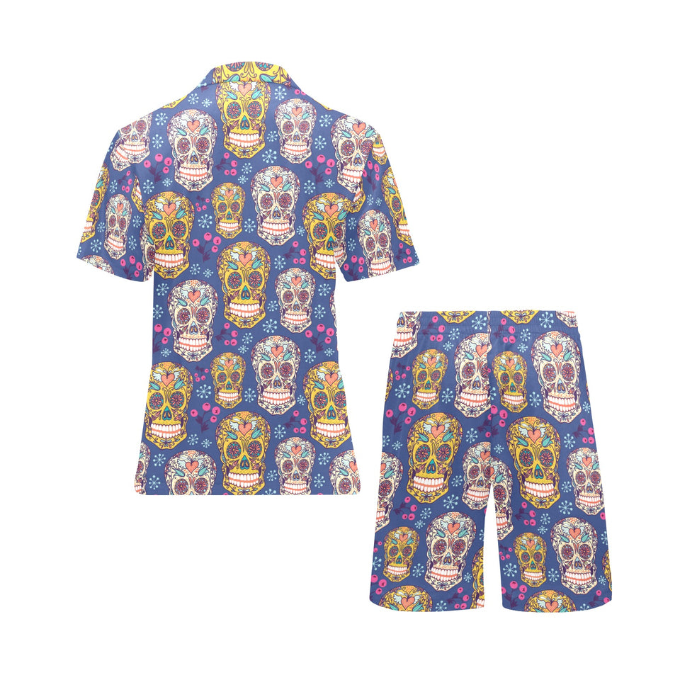 Sugar skull flower pattern Men's V-Neck Short Pajama Set