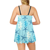 Blue starfish coral reef pattern Chest Sexy Pleated Two Piece Swim Dress
