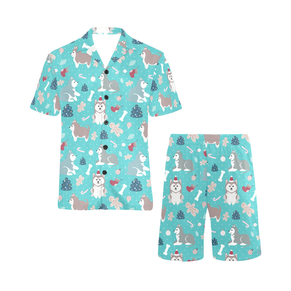 Christmas cute siberian husky puppie pattern Men's V-Neck Short Pajama Set