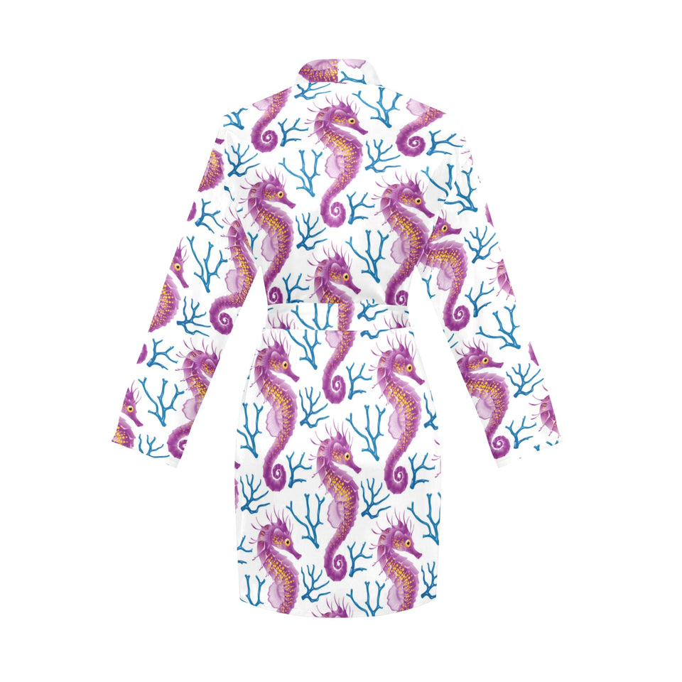 Purple seahorse blue coral pattern Women's Long Sleeve Belted Night Robe