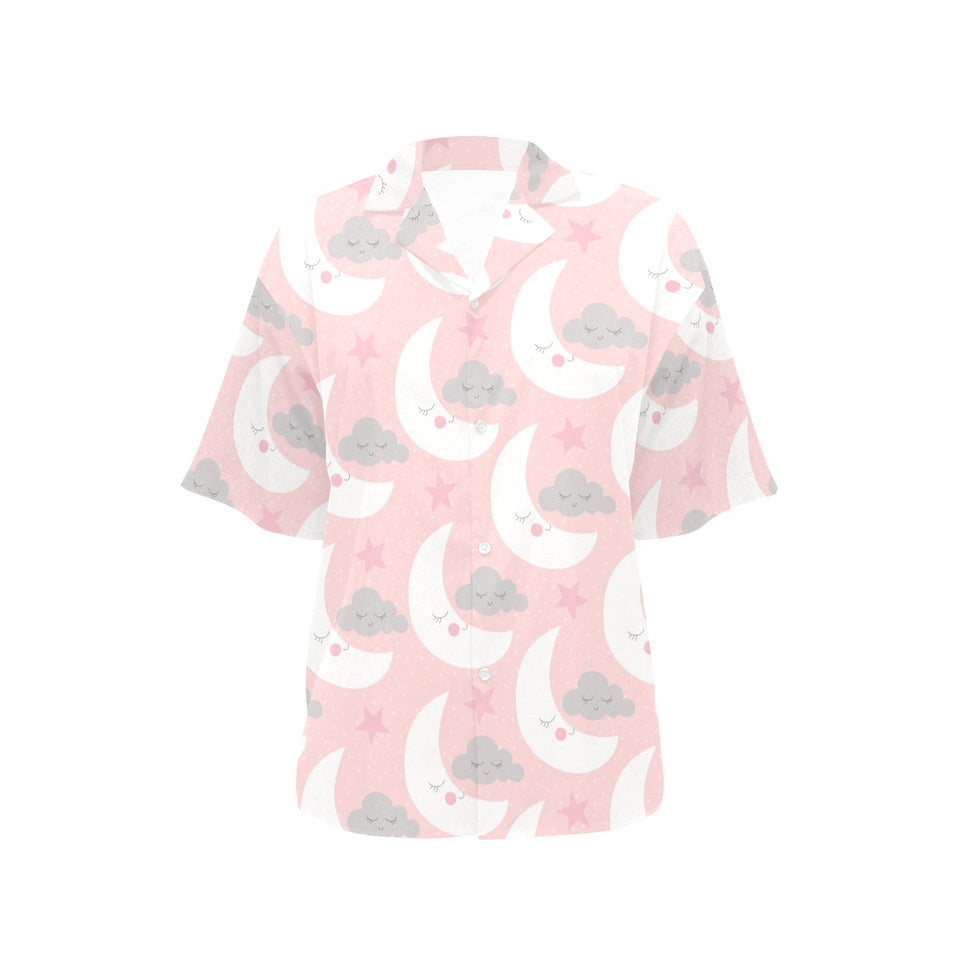 Cute moon cloud star pattern pink dot background Women's All Over Print Hawaiian Shirt