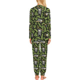 Cute sloths tropical palm leaves black background Women's All Over Print Pajama Set