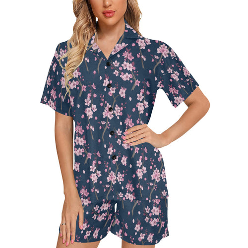 Pink sakura cherry blossom blue background Women's V-Neck Short Pajama Set