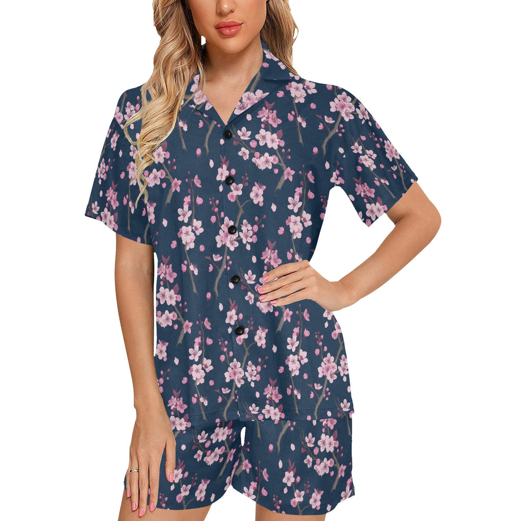 Pink sakura cherry blossom blue background Women's V-Neck Short Pajama Set