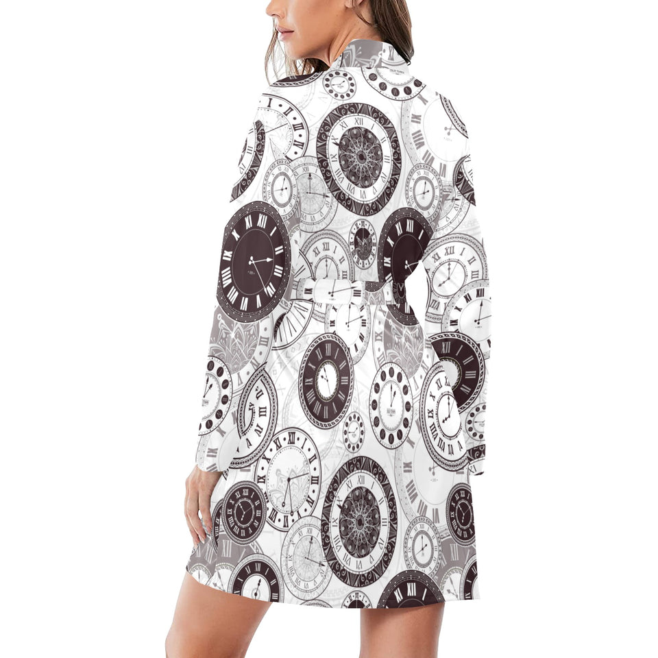 Classic vintage clock pattern Women's Long Sleeve Belted Night Robe