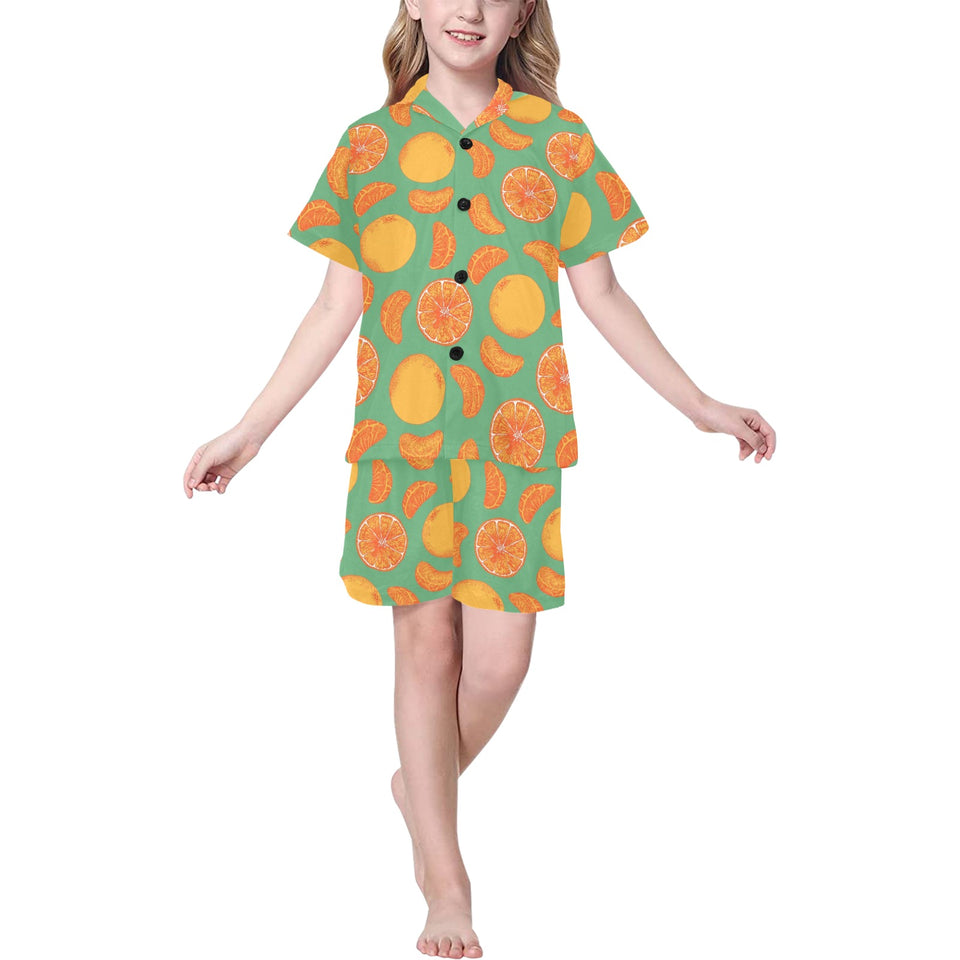 orange fruit pattern green background Kids' Boys' Girls' V-Neck Short Pajama Set