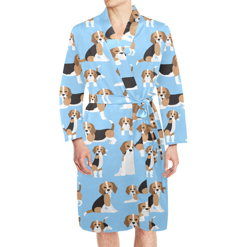 Beagle dog blue background pattern Men's Long Sleeve Belted Night Robe
