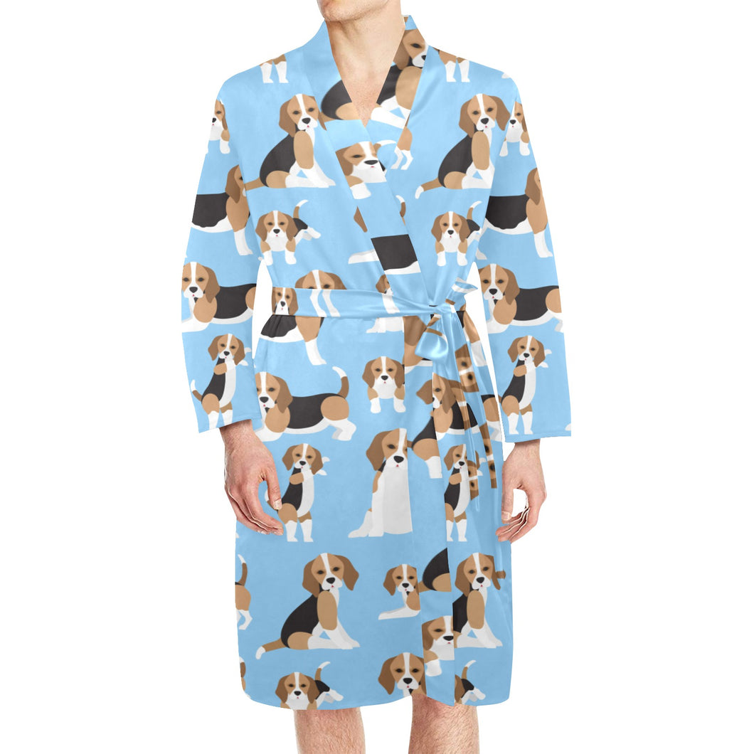 Beagle dog blue background pattern Men's Long Sleeve Belted Night Robe