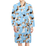 Beagle dog blue background pattern Men's Long Sleeve Belted Night Robe