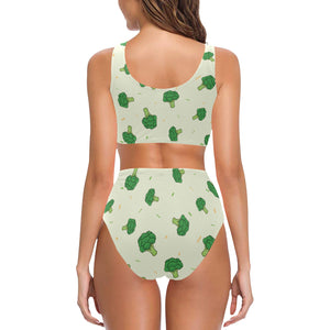 Broccoli pattern Chest Bowknot High Waisted Bikini Swimsuit