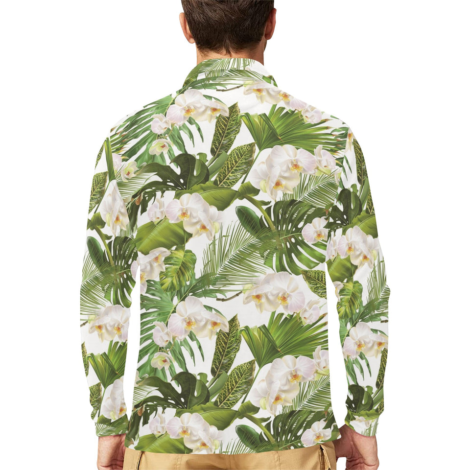 White orchid flower tropical leaves pattern Men's Long Sleeve Polo Shirt