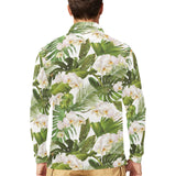 White orchid flower tropical leaves pattern Men's Long Sleeve Polo Shirt