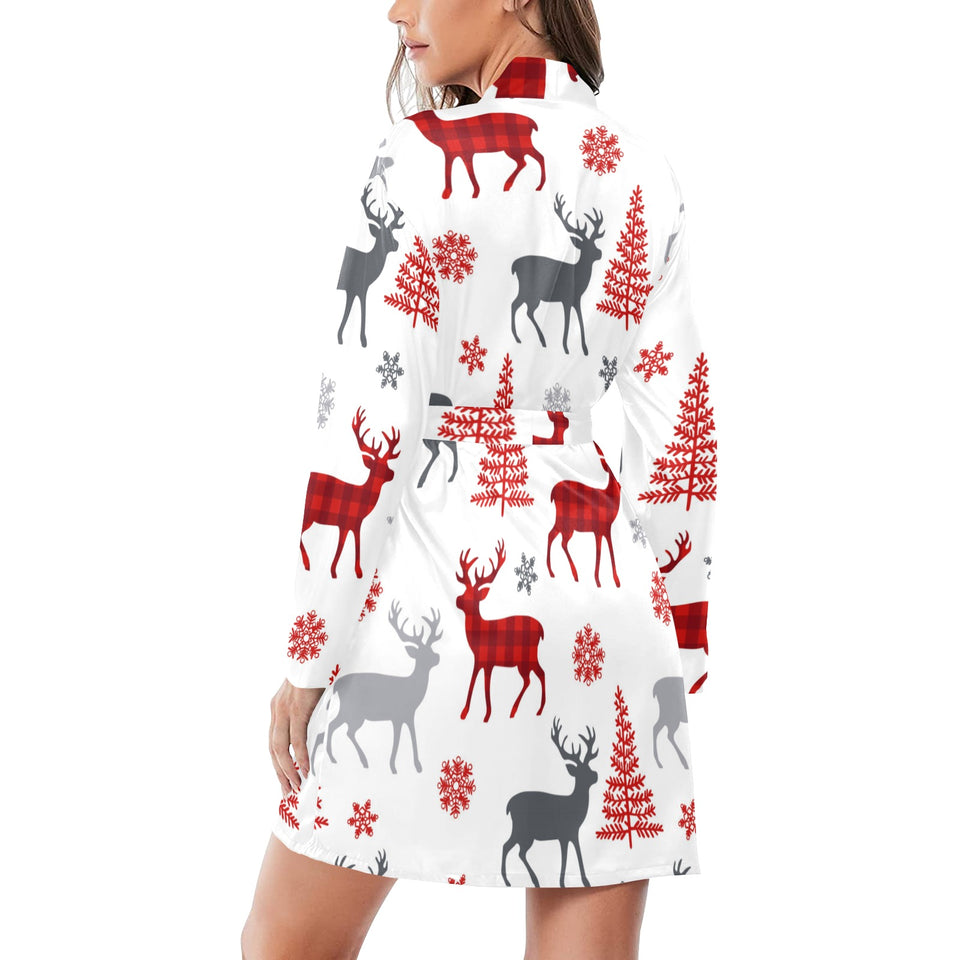 Deer tree snowflakes chrismas pattern Women's Long Sleeve Belted Night Robe