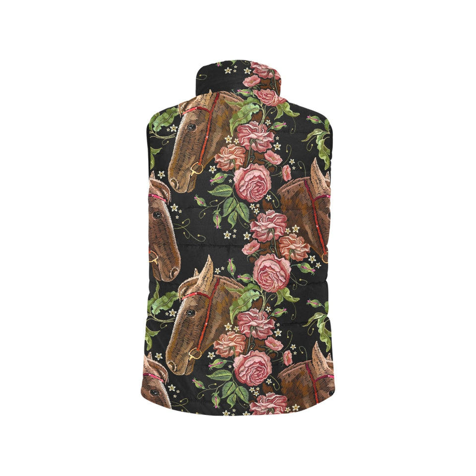 Horse head wild roses pattern Women's Padded Vest