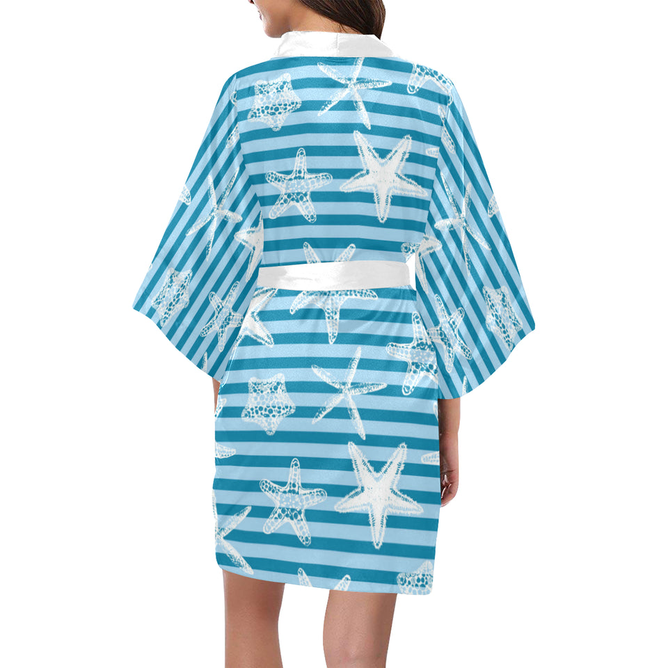 Starfish blue blackground Women's Short Kimono Robe