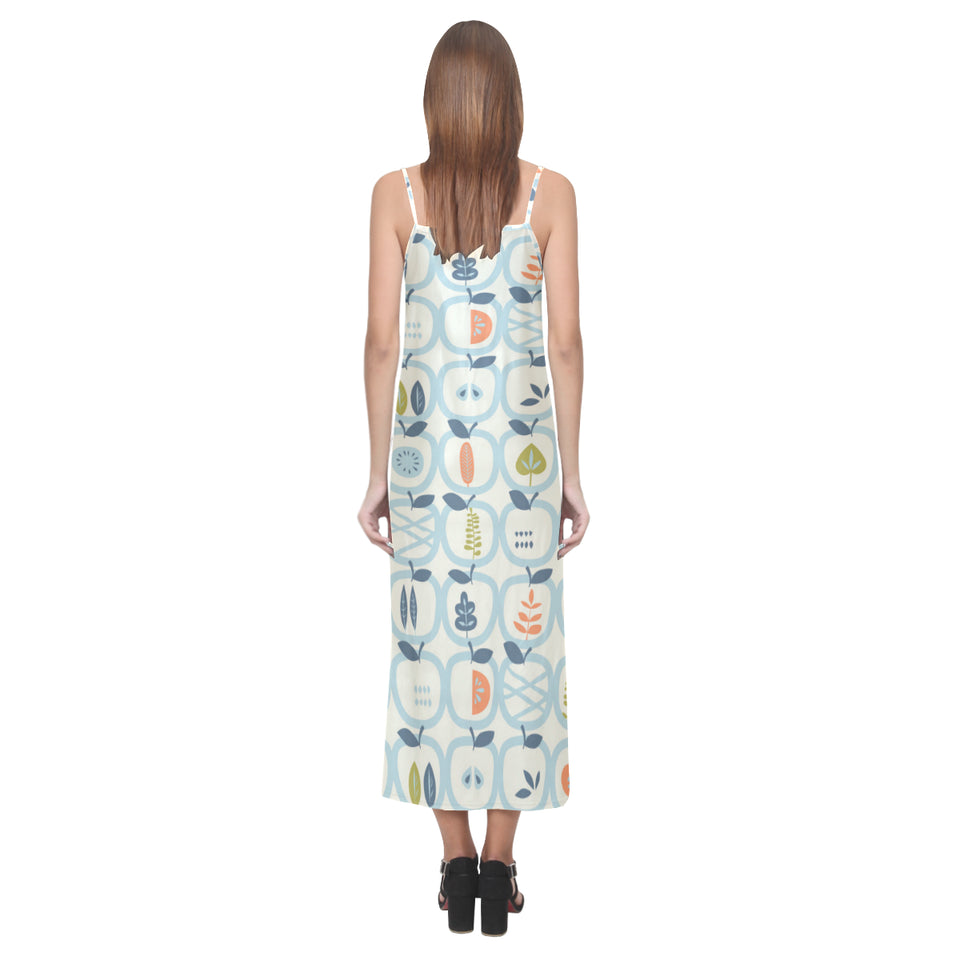 apples leaves pattern V-Neck Open Fork Long Dress