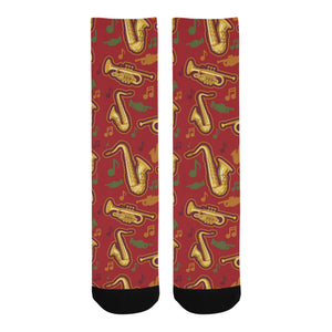 Saxophone cornet pattern red background Crew Socks