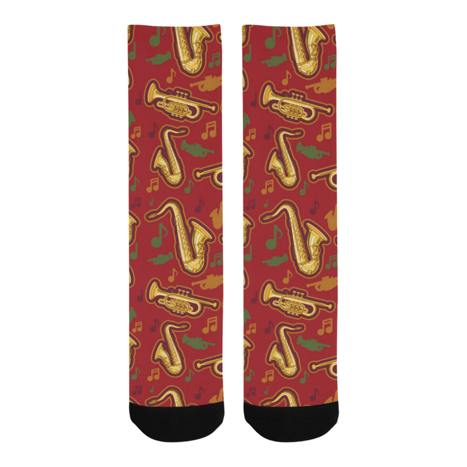 Saxophone cornet pattern red background Crew Socks