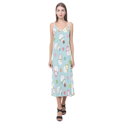 Cute snowman snowflake pattern V-Neck Open Fork Long Dress