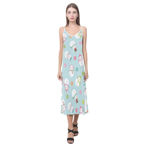 Cute snowman snowflake pattern V-Neck Open Fork Long Dress