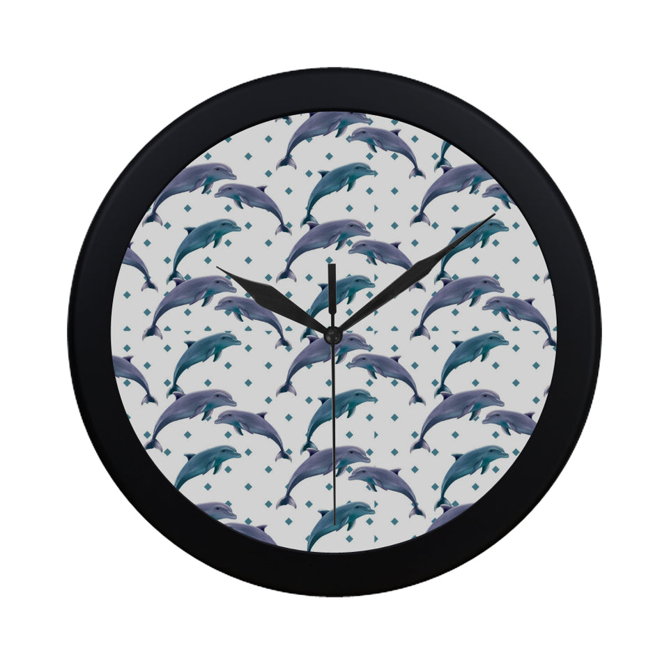 Dolphins pattern dotted background Elegant Black Wall Clock