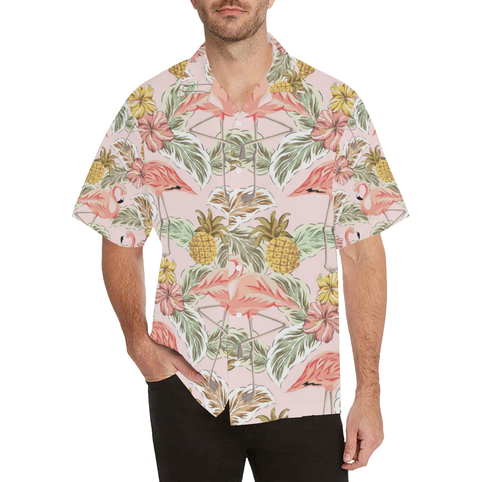 Pink flamingo birds pineapples hibiscus flower pat Men's All Over Print Hawaiian Shirt