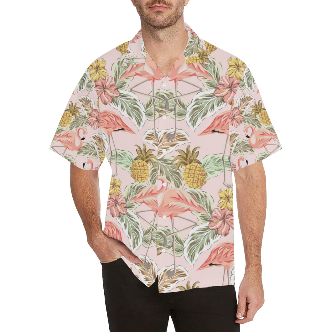 Pink flamingo birds pineapples hibiscus flower pat Men's All Over Print Hawaiian Shirt